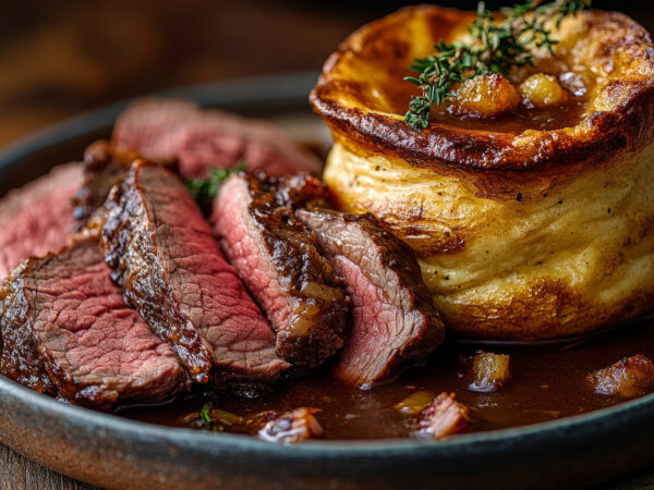 Beef steak with Yorkshire pudding and gravy on plate.