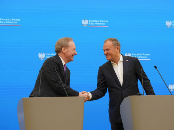 Microsoft Vice Chair and President, Brad Smith with the Prime Minister Republic of Poland, Donald Tusk announces PLN 2.8 billion investment in Poland for cloud and AI infrastructure