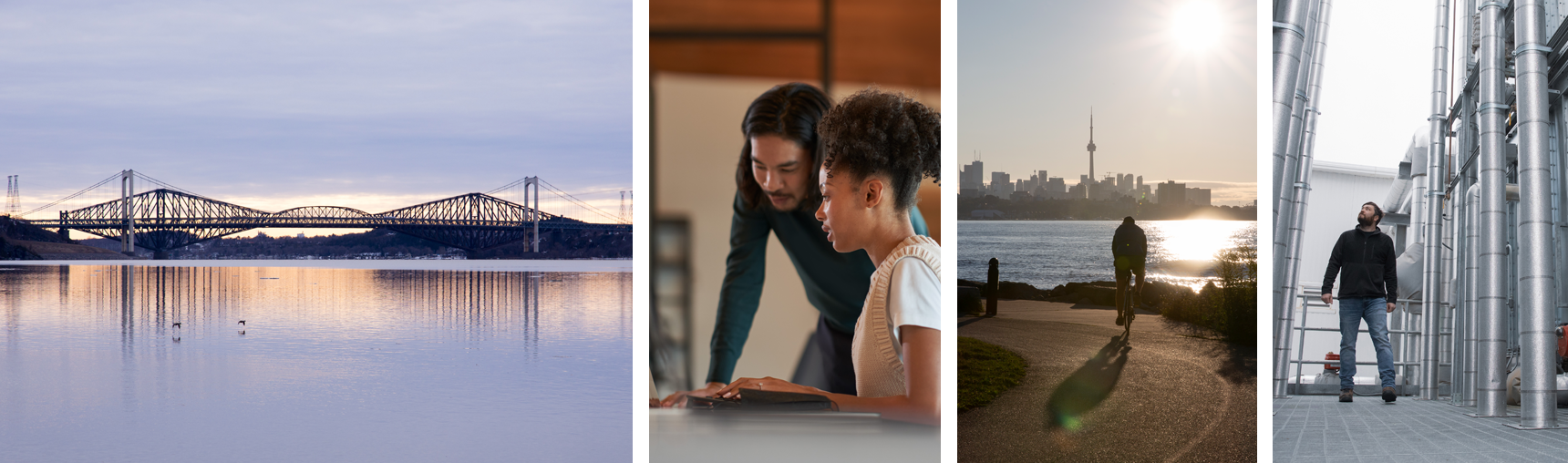 Collage of images from Quebec and Toronto, people working in datacenters, and a cyclist