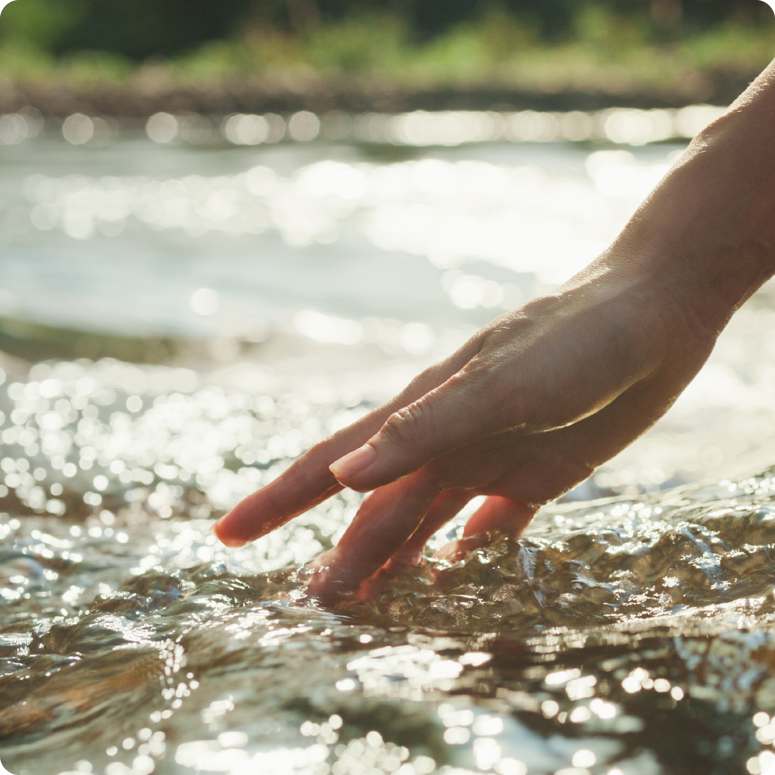 A hand delicately touching a body of wate