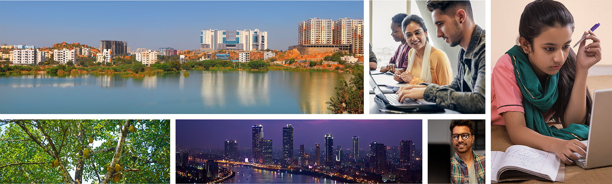 Kolaż zdjęć przedstawiających krajobrazy i mieszkańców Hyderabad w Indiach