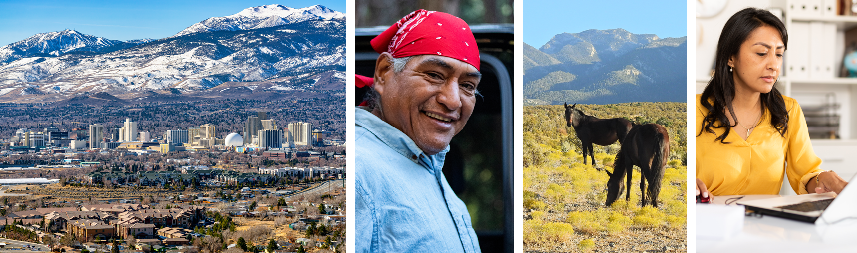Kolaż zdjęć z Nevady, przedstawiający między innymi panoramę aglomeracji Reno, dzikie konie, uśmiechniętego mężczyznę oraz kobietę korzystającą z komputera