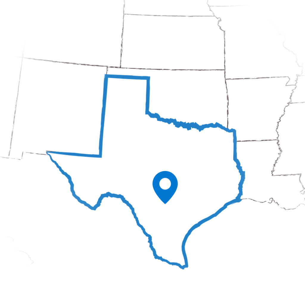 A pinpoint of San Antonio on a map of Texas