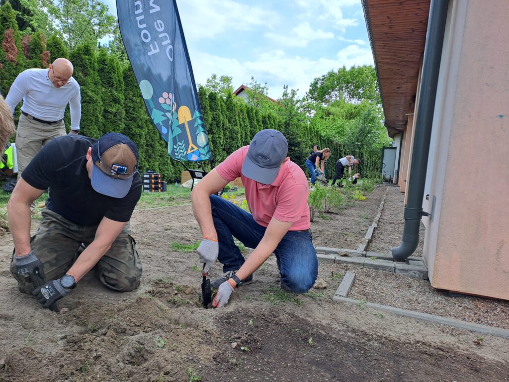 plusieurs personnes créant un jardin