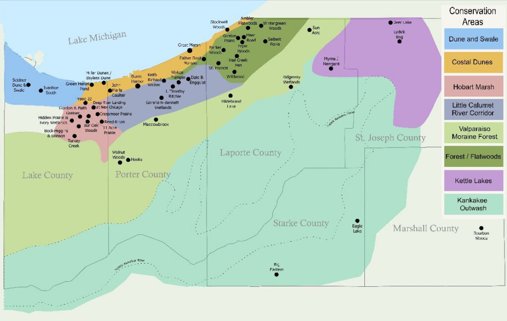 A map of northwestern Indiana showing conservation areas